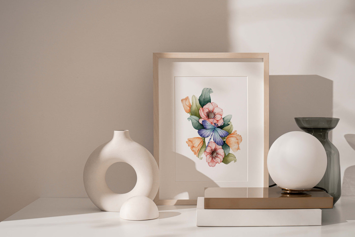 Californian poppies, anemones and Dragonfly Art Print