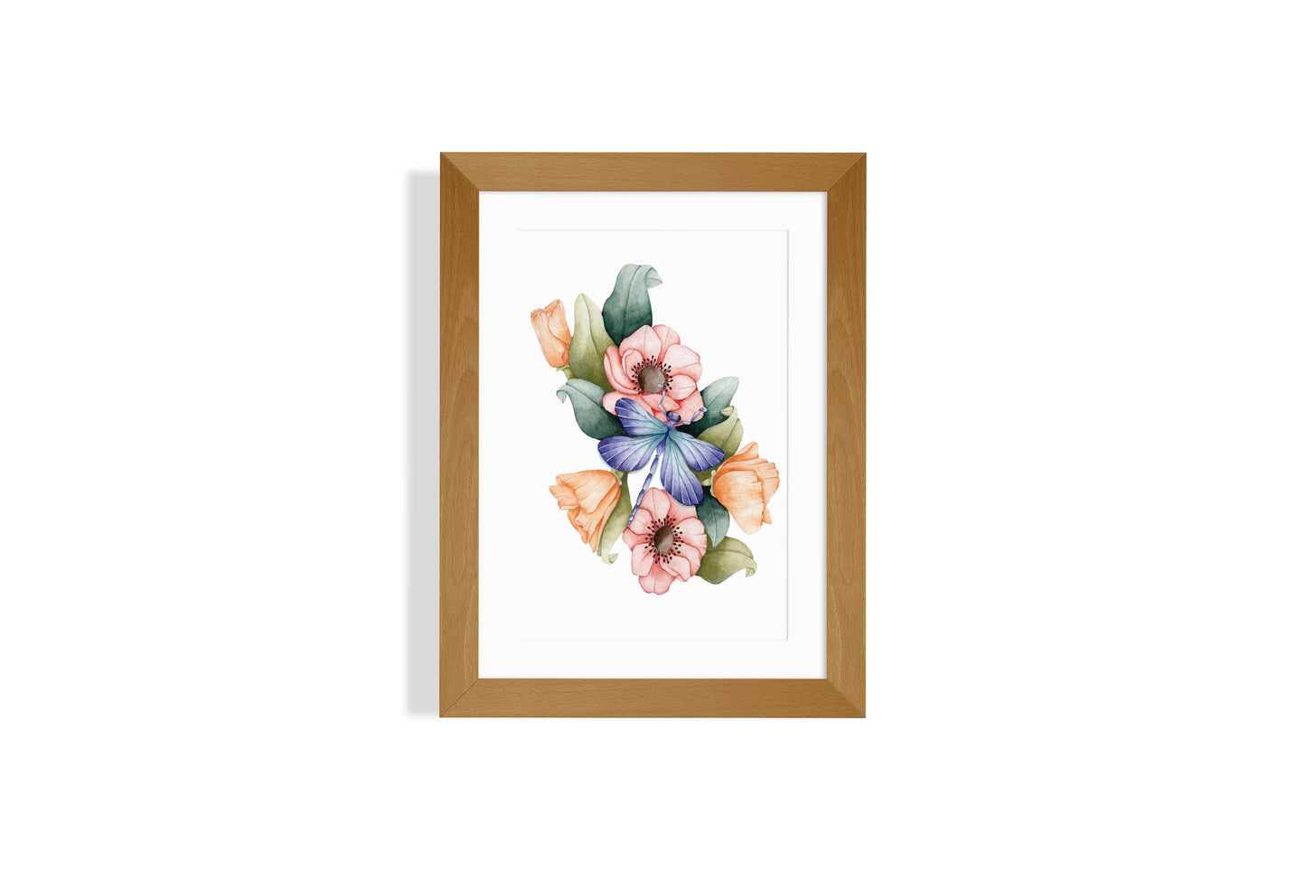 Californian poppies, anemones and Dragonfly Art Print