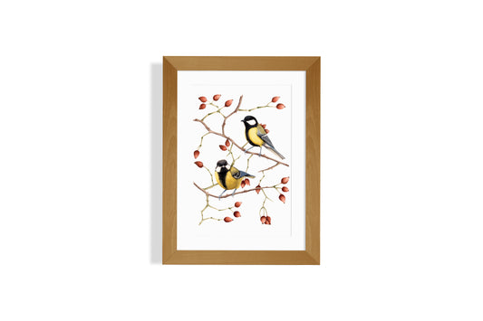 Great tits surrounded by rosehips